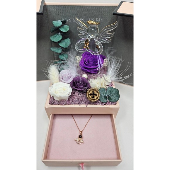 Preserved Flowers Roses In Box, I Love You S925 Angel Necklace Rose Gold Toned - Picture 2 of 11